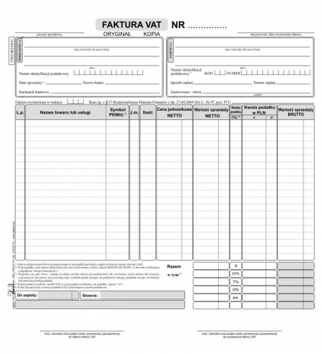 Faktura VAT netto krajowa wewnątrzwspólnotowa wielokopia A5/100kart. Papirus