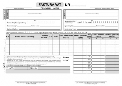 Faktura VAT netto krajowa wewnątrzwspólnotowa 2-odcink. A5/100kart. Papirus