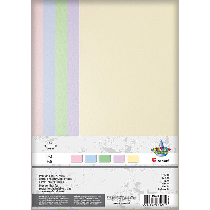 Filc A4/10ark 200g pastelowe mix kolory Titanum
