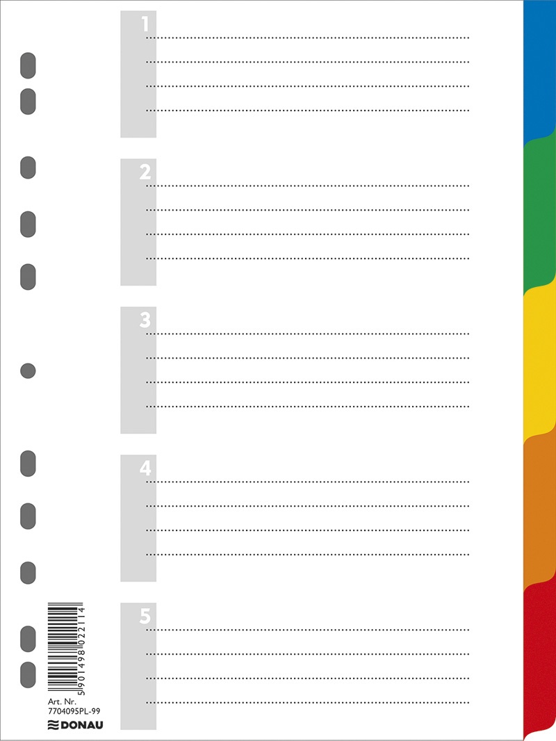 Przekładki A4 5 kolorów z kartą opisową plastikowe PP Donau