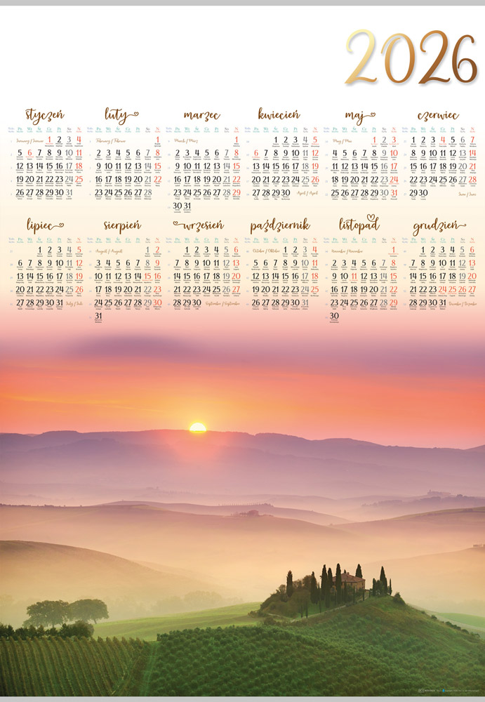 Kalendarz jednoplanszowy ścienny A1 61x88cm 2026 wzgórza Lucrum
