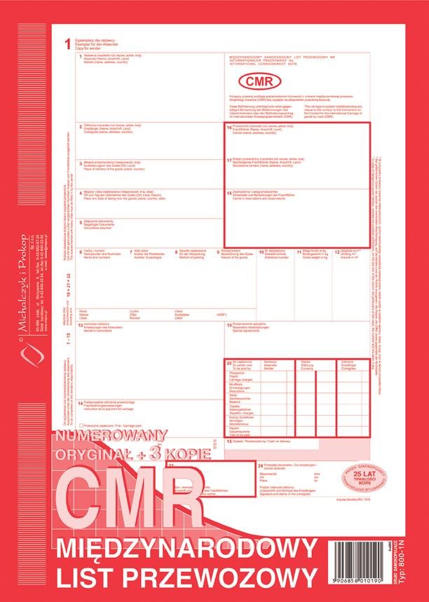 List przewozowy międzynarodowy numerowany CMR oryginał + 3 kopie A4/80 kart. M&P
