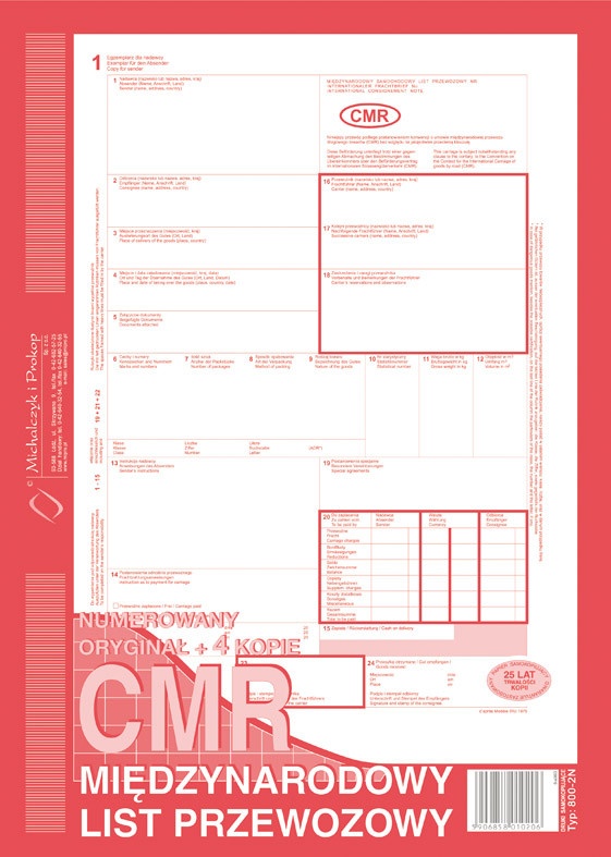List przewozowy międzynarodowy numerowany CMR oryginał + 4kopie A4/80 kart. M&P