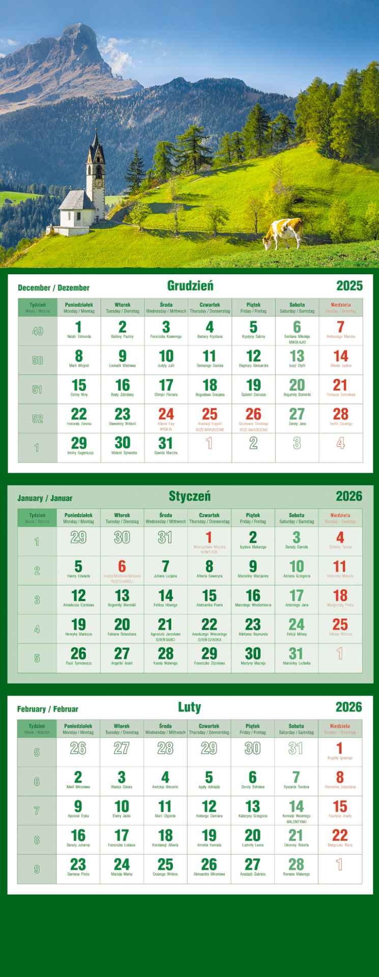 Kalendarz naścienny trójdzielny 32x86cm 2026 Michalczyk