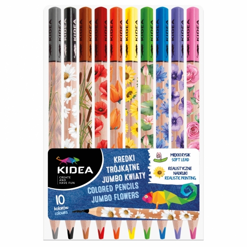 Kredki ołówkowe trójkątne jumbo 10 kolorów kwiaty Kidea