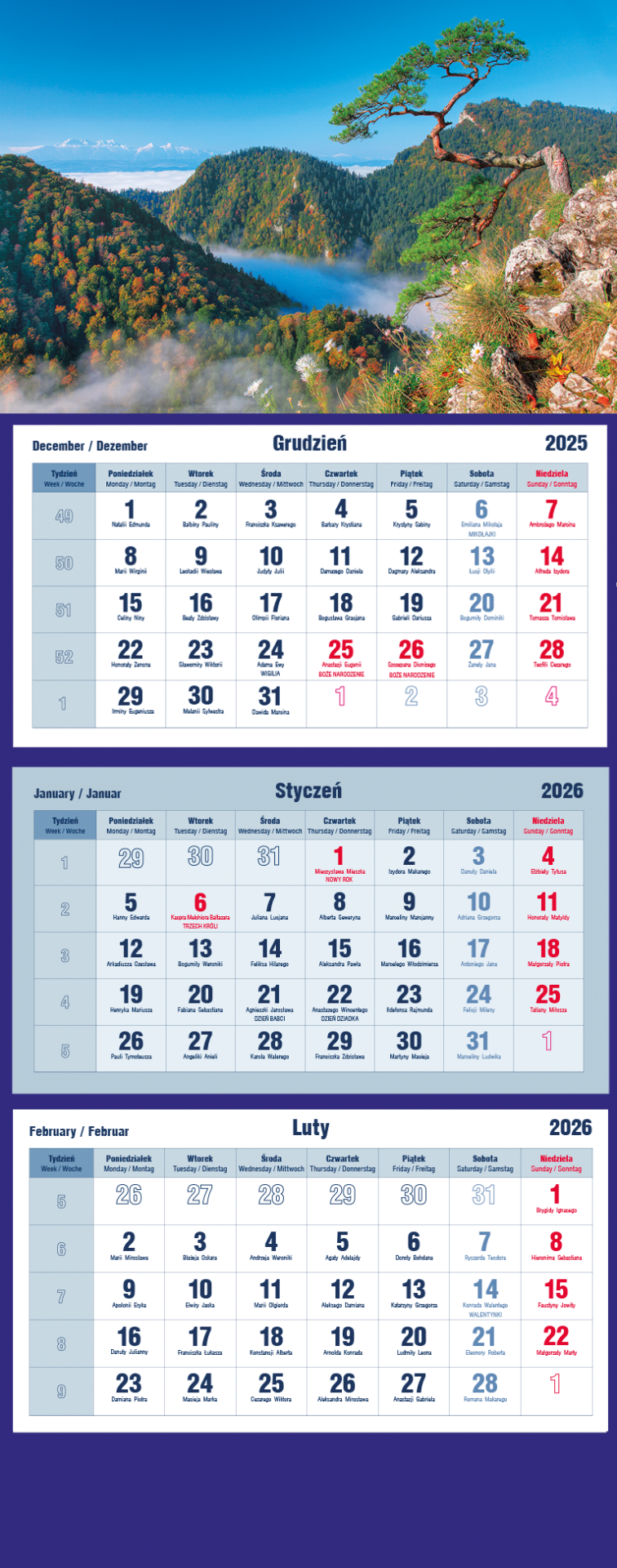 Kalendarz naścienny trójdzielny 32x86cm 2026 Michalczyk
