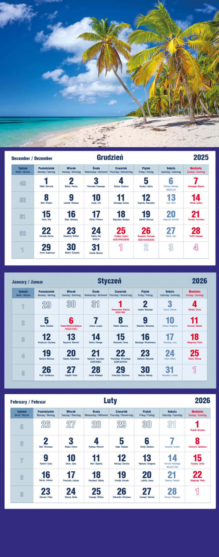 Kalendarz naścienny trójdzielny 32x86cm 2026 Michalczyk