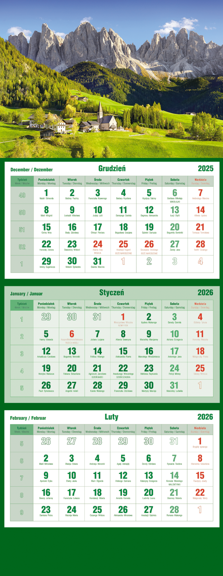 Kalendarz naścienny trójdzielny 32x86cm 2026 Michalczyk