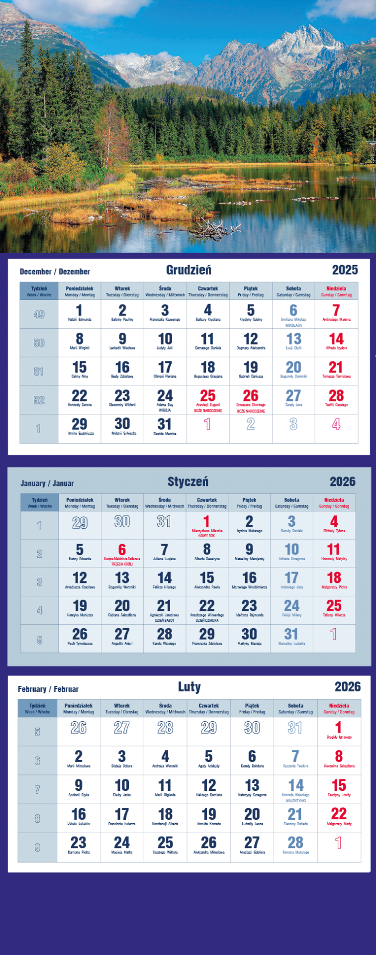 Kalendarz naścienny trójdzielny 32x86cm 2026 Michalczyk