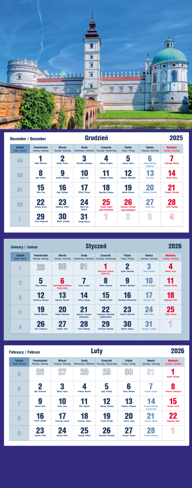 Kalendarz naścienny trójdzielny 32x86cm 2026 Michalczyk