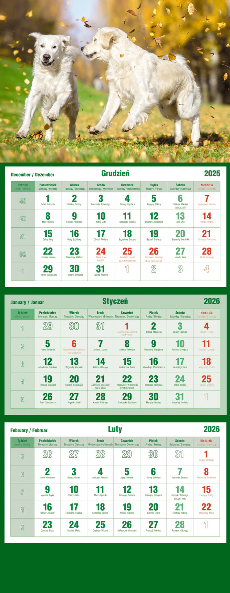 Kalendarz naścienny trójdzielny 32x86cm 2026 Michalczyk