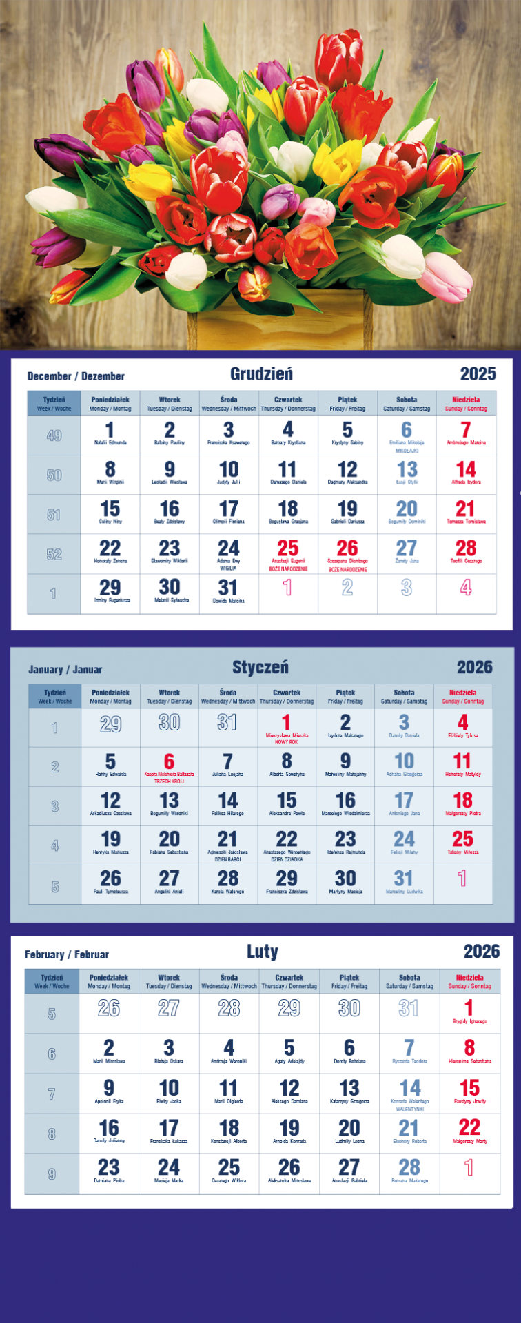 Kalendarz naścienny trójdzielny 32x86cm 2026 Michalczyk