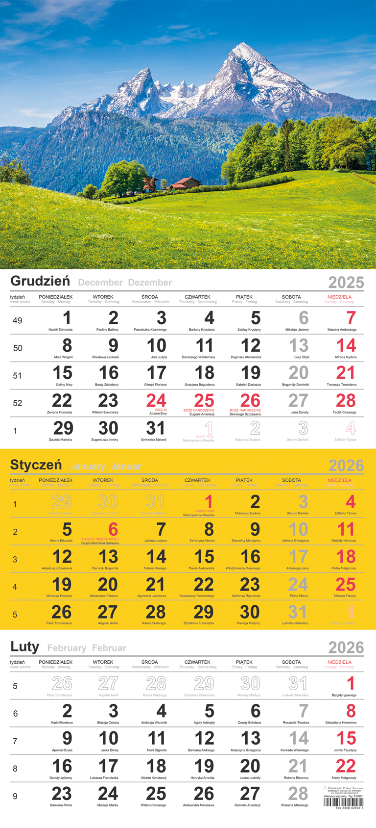 Kalendarz naścienny trójdzielny 29x62cm 2026 Michalczyk