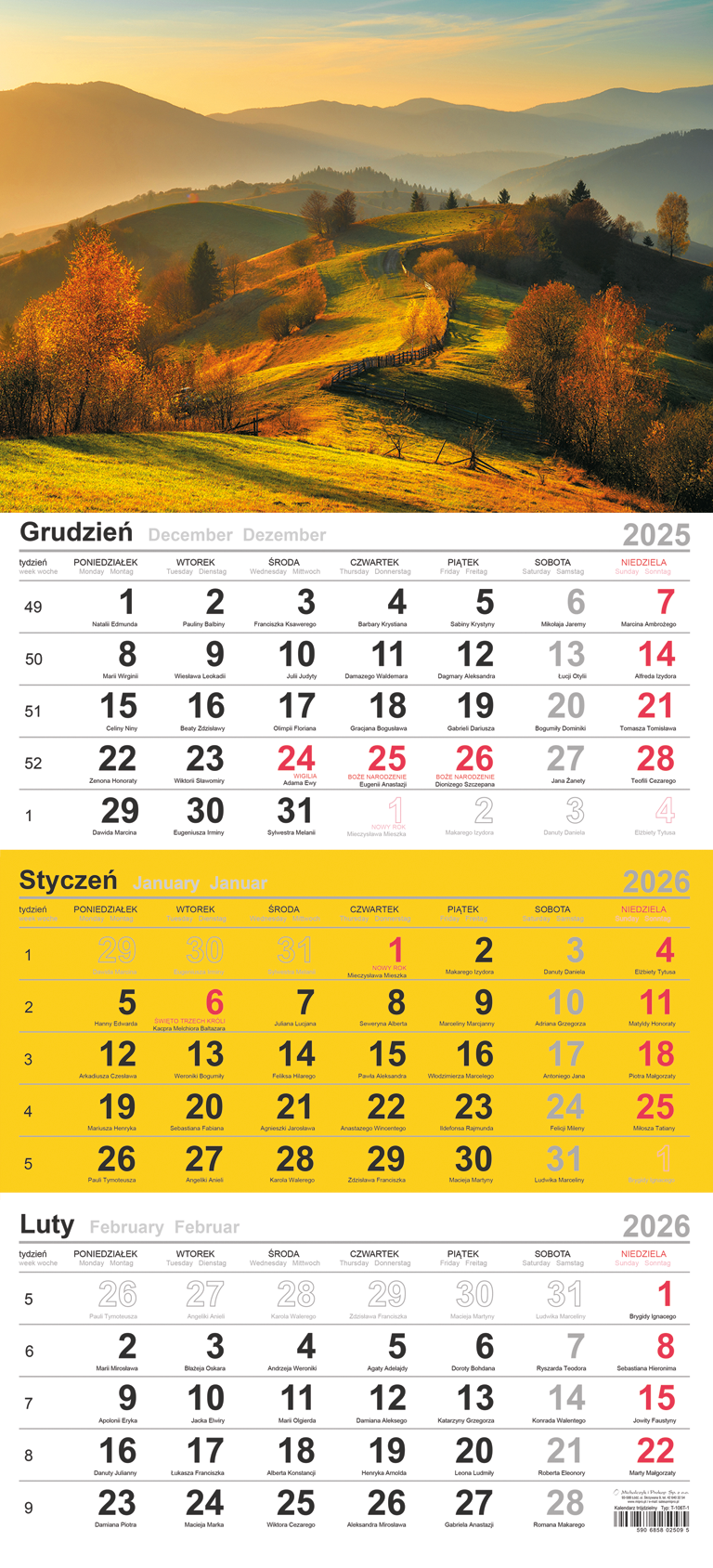 Kalendarz naścienny trójdzielny 29x62cm 2026 Michalczyk