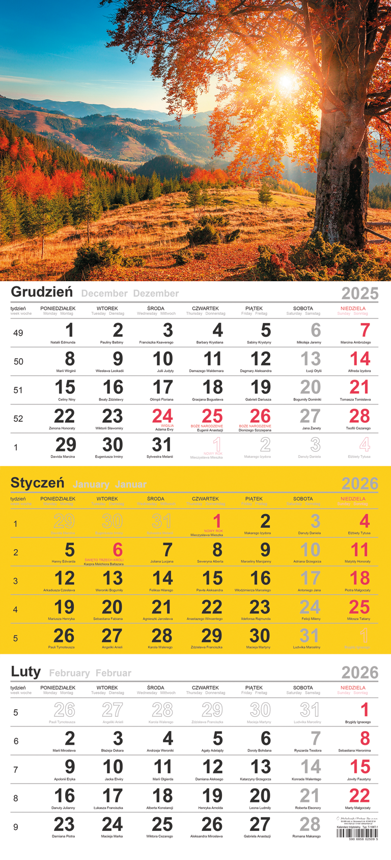 Kalendarz naścienny trójdzielny 29x62cm 2026 Michalczyk
