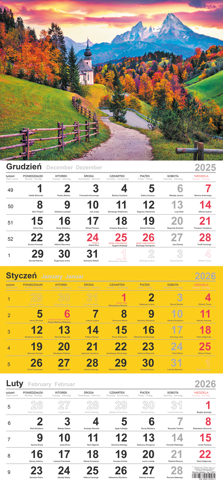 Kalendarz naścienny trójdzielny 29x62cm 2026 Michalczyk