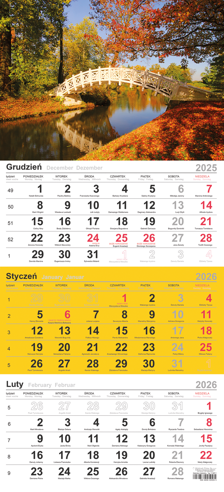 Kalendarz naścienny trójdzielny 29x62cm 2026 Michalczyk