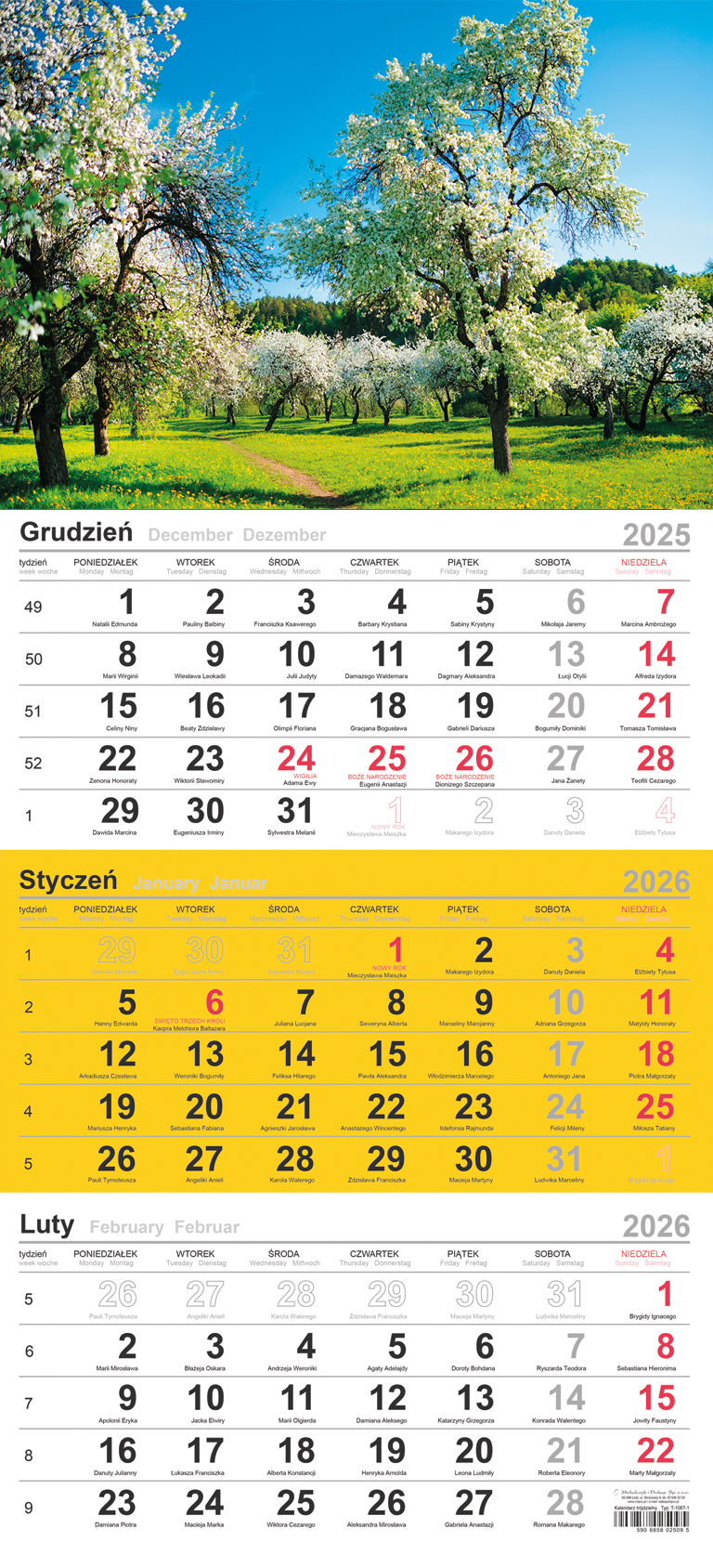Kalendarz naścienny trójdzielny 29x62cm 2026 Michalczyk