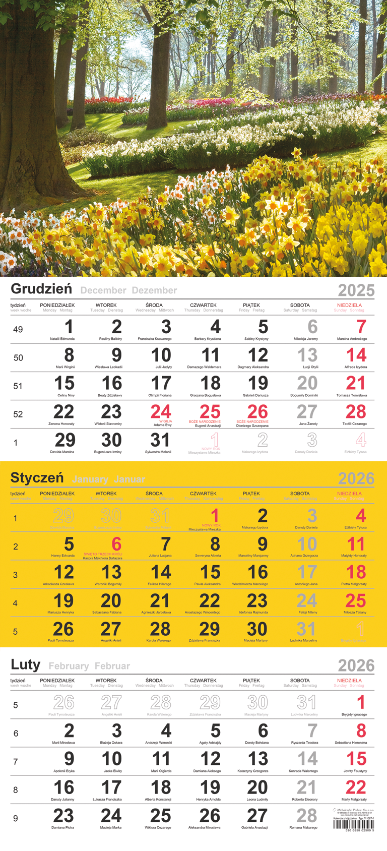 Kalendarz naścienny trójdzielny 29x62cm 2026 Michalczyk