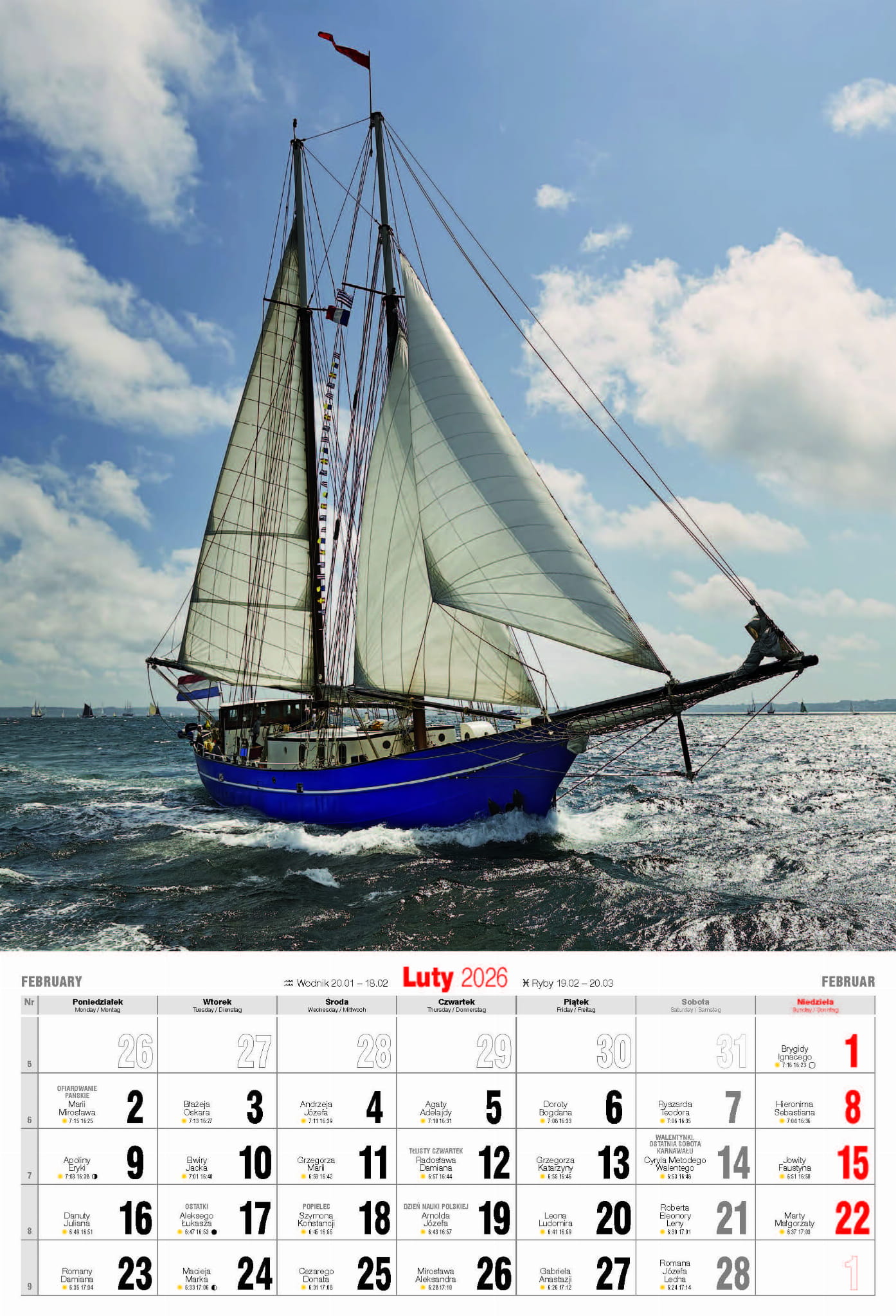 Kalendarz wieloplanszowy naścienny A3 32x47cm 2026 Żaglowce Avanti