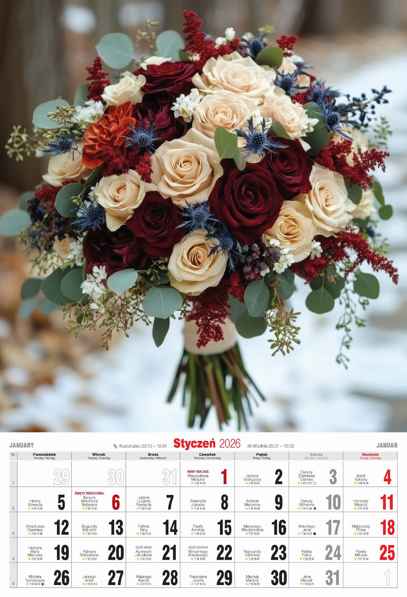Kalendarz wieloplanszowy naścienny A3 32x47cm 2026 Bukiety Avanti