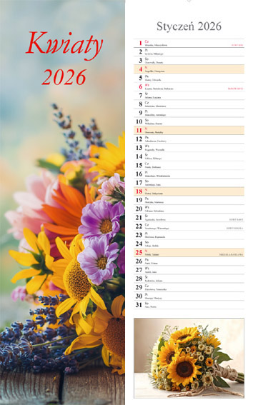 Kalendarz notatnikowy wieloplanszowy 15x48cm 2026 Kwiaty Radwan