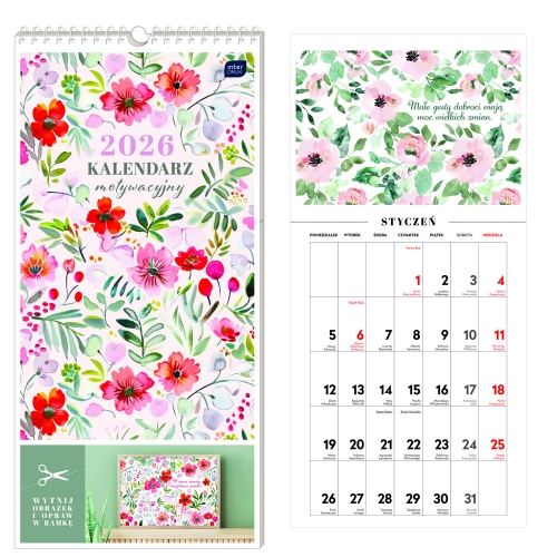 Kalendarz naścienny notatnikowy 22x46cm 2026 Motywacyjny kwiaty Interdruk