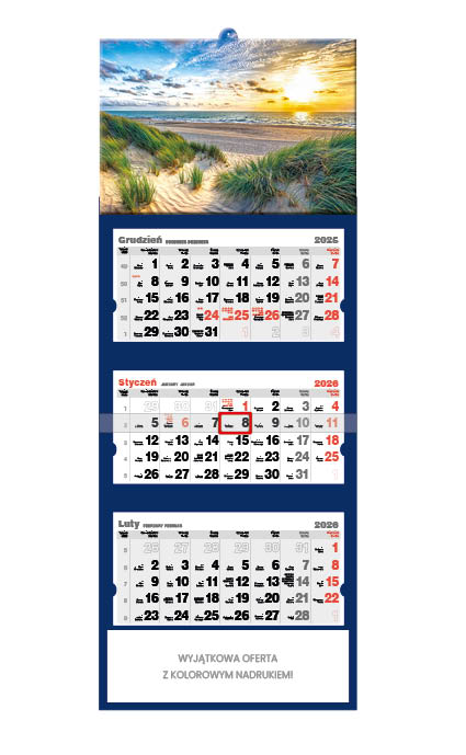 Kalendarz naścienny trójdzielny 32x86cm 2026 zachód słońca nad Bałtykiem Jotan