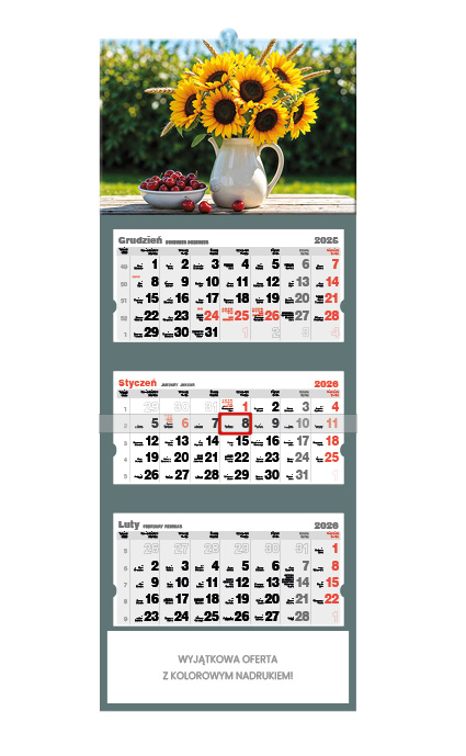 Kalendarz naścienny trójdzielny 32x86cm 2026 słoneczniki Jotan