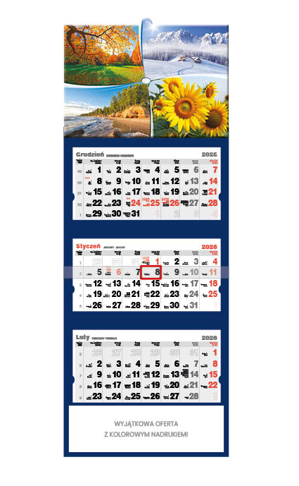 Kalendarz naścienny trójdzielny 32x86cm 2026 4 pory roku Jotan