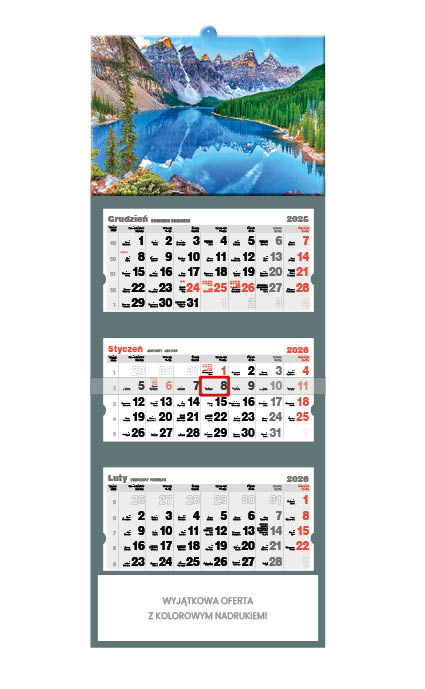 Kalendarz naścienny trójdzielny 32x86cm 2026 górskie jezioro Jotan