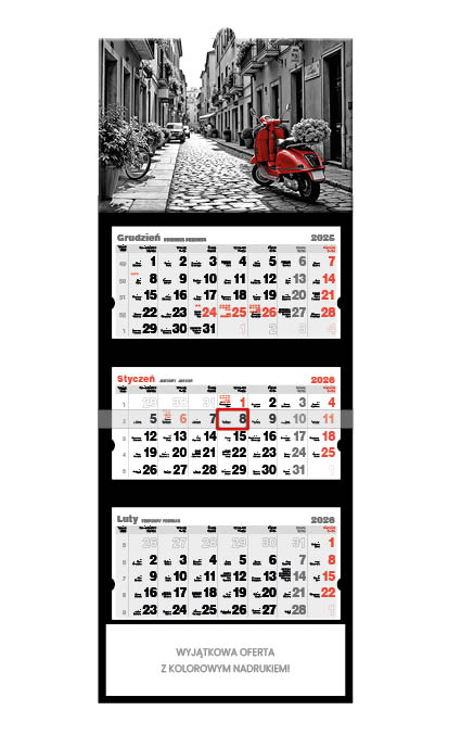 Kalendarz naścienny trójdzielny 32x86cm 2026 black&red Jotan