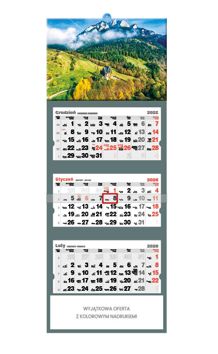 Kalendarz naścienny trójdzielny 32x86cm 2026 Trzy Korony Jotan