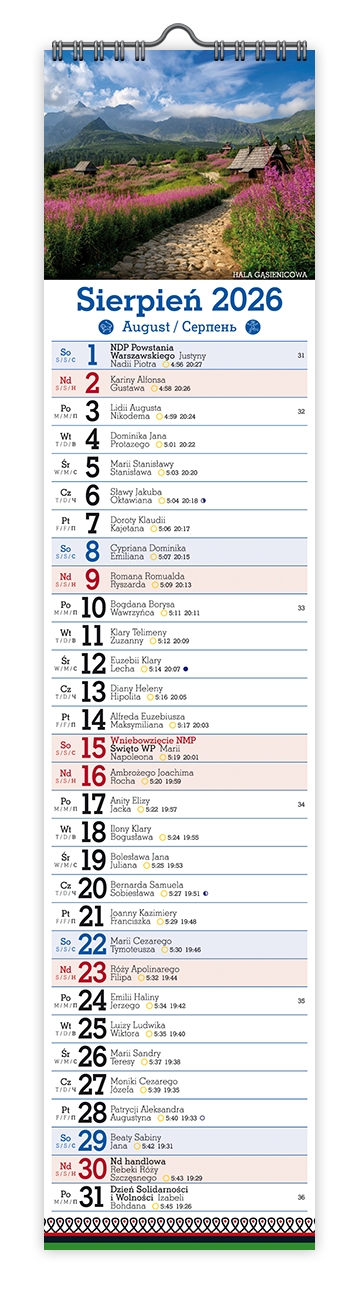 Kalendarz naścienny wieloplanszowy notatnikowy 10x47cm 2026 Tatry Pan Kalendarzyk