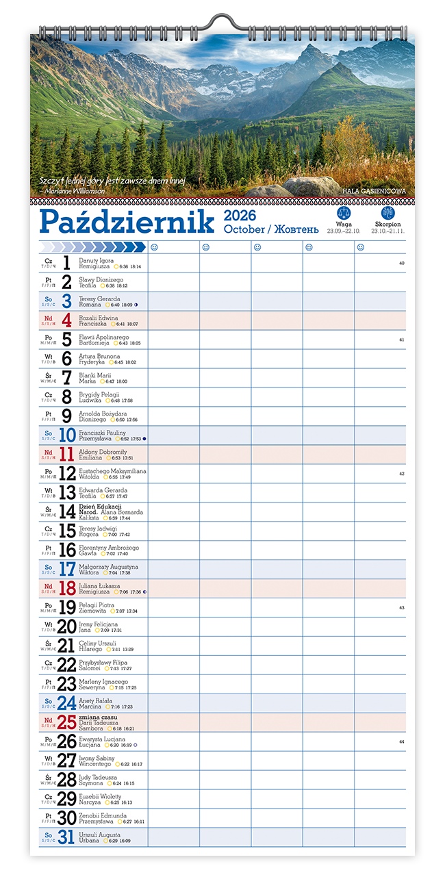 Kalendarz naścienny wieloplanszowy notatnikowy 22x47cm 2026 Tatry Pan Kalendarzyk