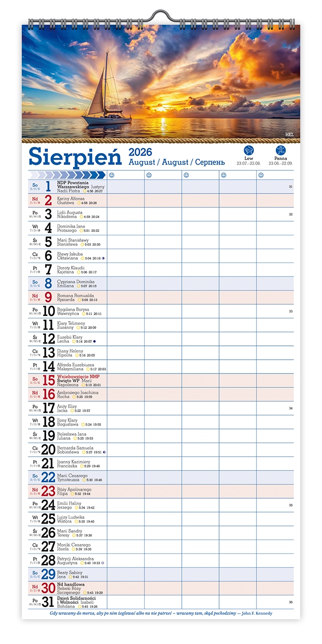 Kalendarz naścienny wieloplanszowy notatnikowy 22x47cm 2026 bałtycka bryza Pan Kalendarzyk
