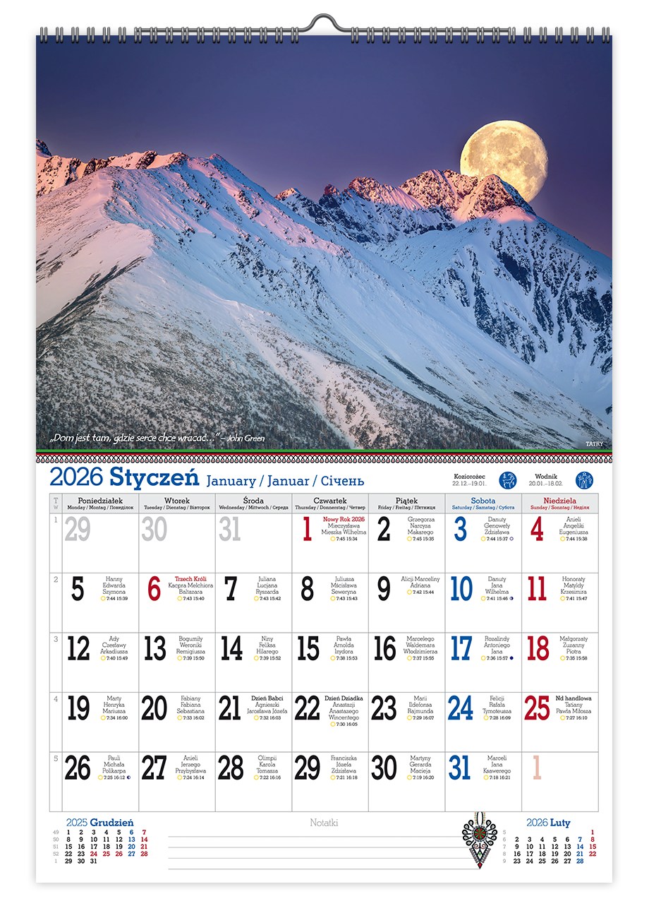 Kalendarz naścienny wieloplanszowy A3 2026 Tatry Pan Kalendarzyk
