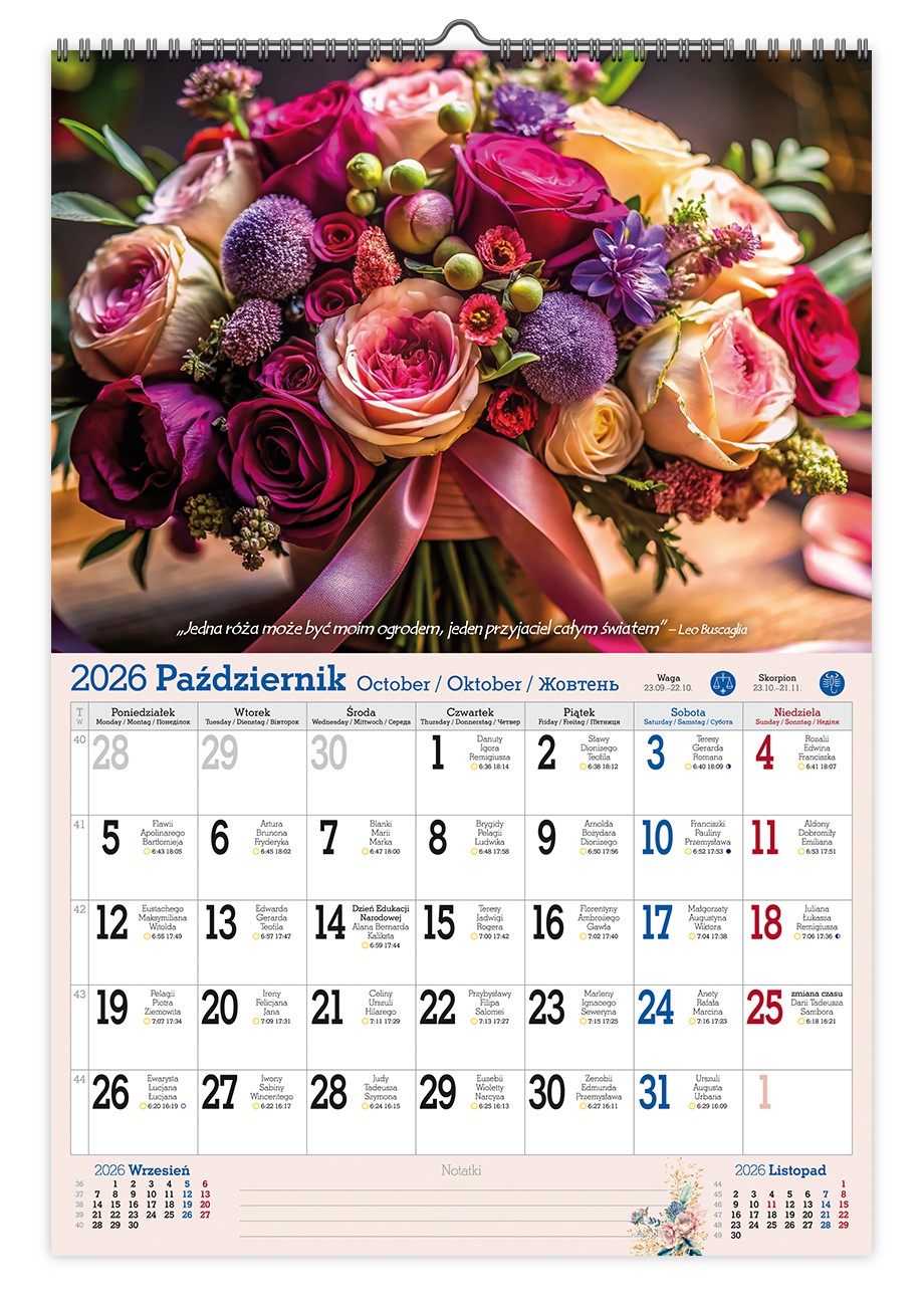 Kalendarz naścienny wieloplanszowy A3 2026 kwiaty Pan Kalendarzyk