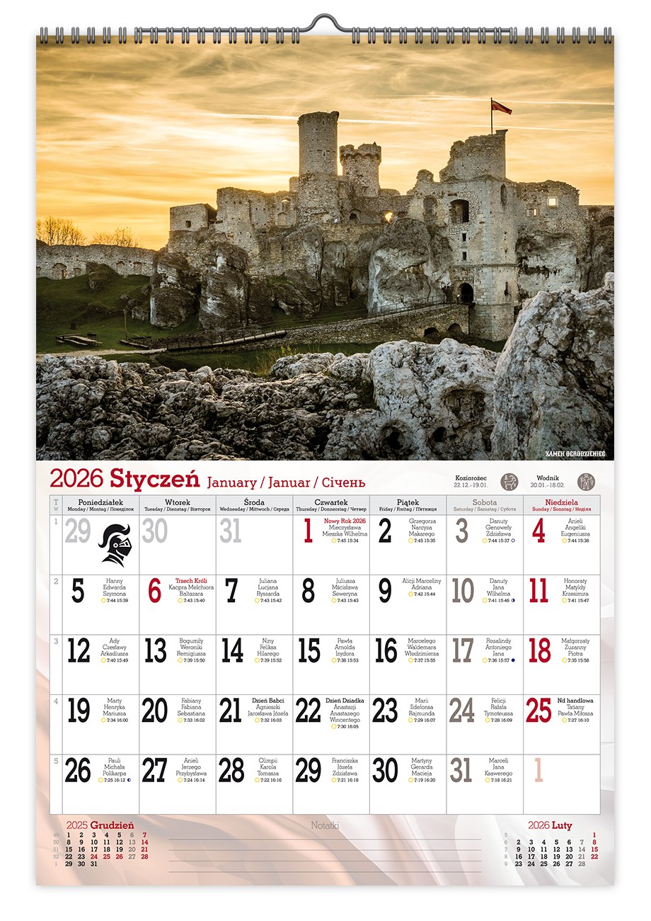 Kalendarz naścienny wieloplanszowy A3 2026 zamki polskie Pan Kalendarzyk