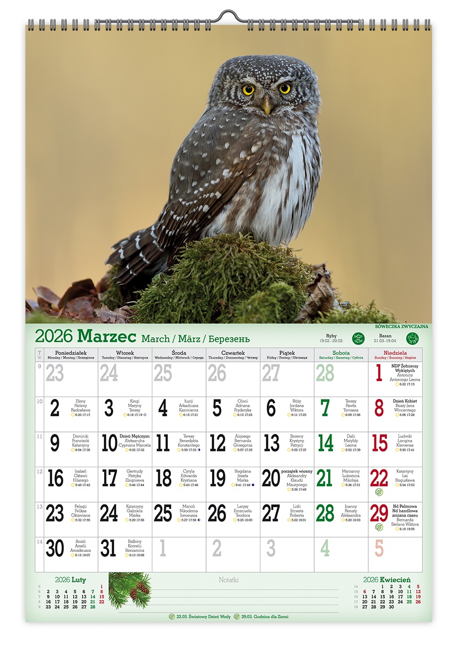 Kalendarz naścienny wieloplanszowy A3 2026 mieszkańcy puszczy Pan Kalendarzyk