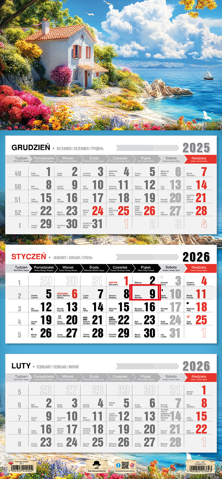 Kalendarz naścienny trójdzielny 32x68cm 2026 romantico Pan Kalendarzyk