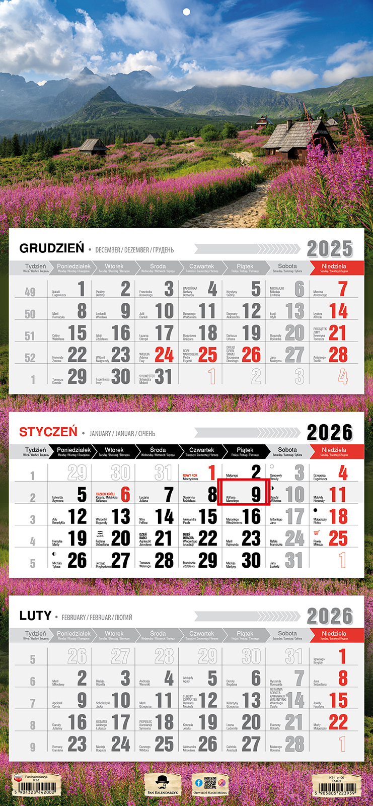 Kalendarz naścienny trójdzielny 32x68cm 2026 Tatry Pan Kalendarzyk