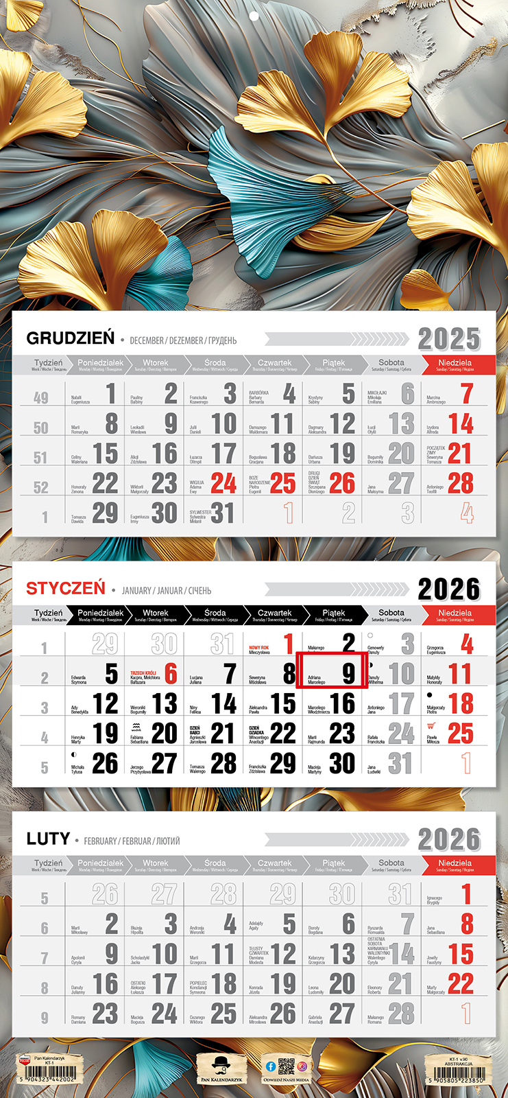 Kalendarz naścienny trójdzielny 32x68cm 2026 abstrakcja Pan Kalendarzyk