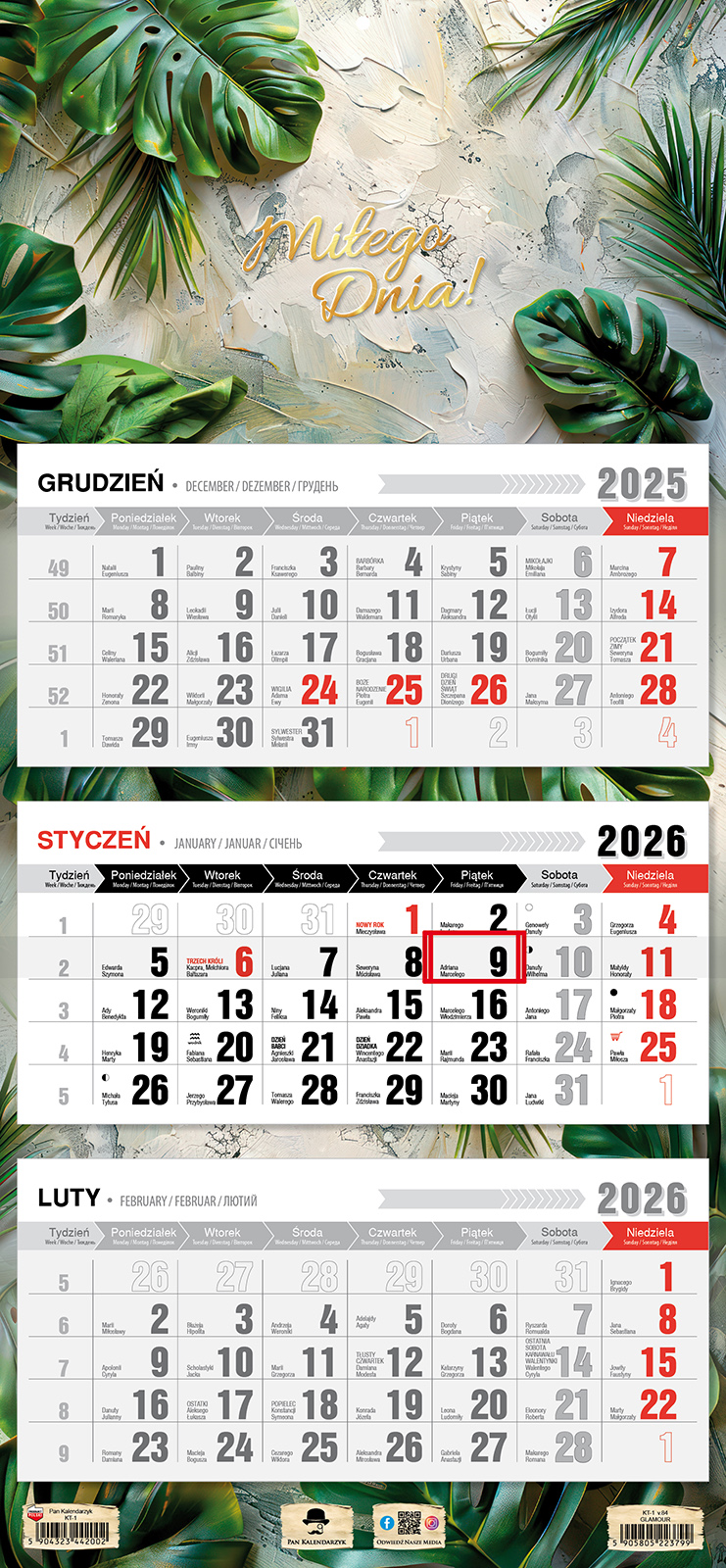 Kalendarz naścienny trójdzielny 32x68cm 2026 glamour Pan Kalendarzyk