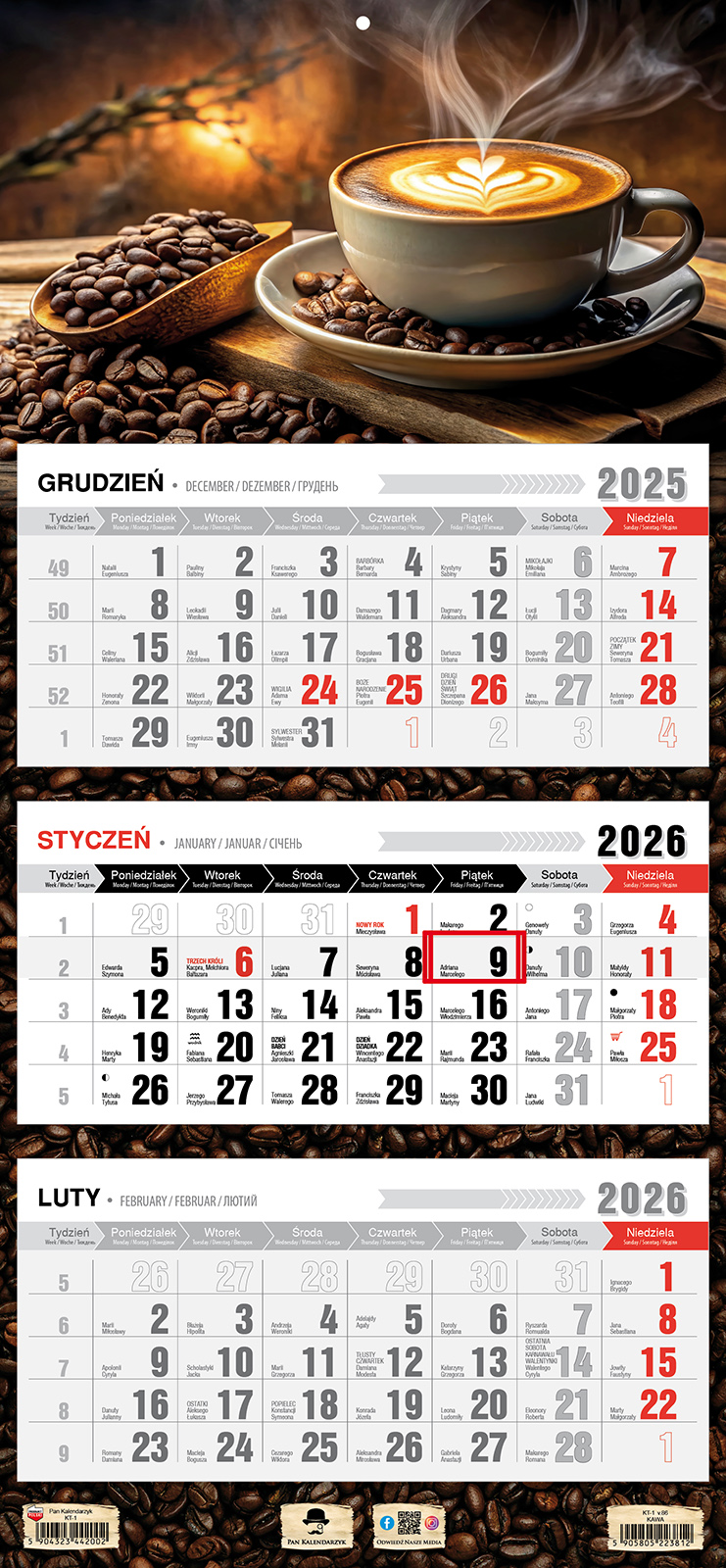 Kalendarz naścienny trójdzielny 32x68cm 2026 kawa Pan Kalendarzyk
