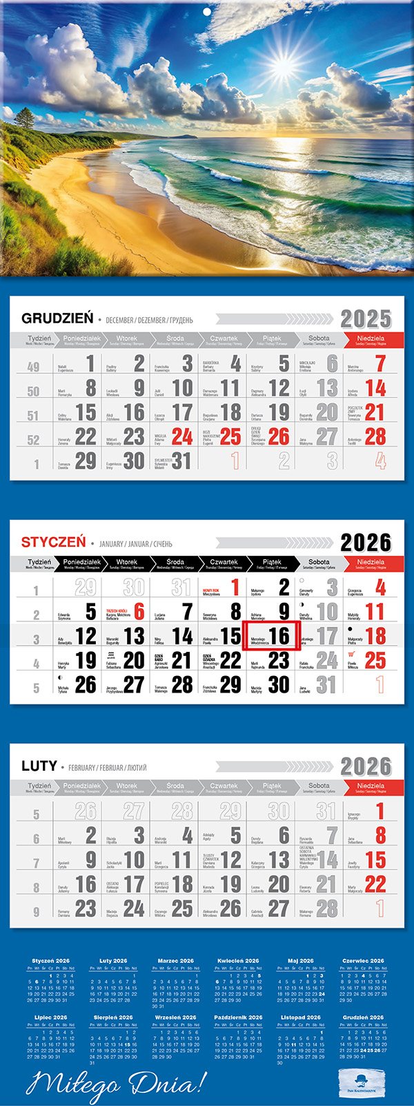 Kalendarz naścienny trójdzielny 32x81cm 2026 ocean Pan Kalendarzyk