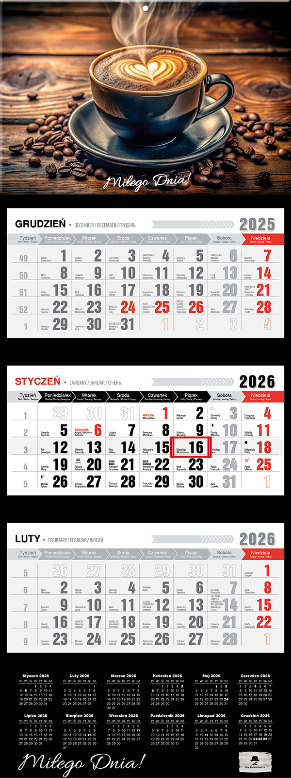 Kalendarz naścienny trójdzielny 32x81cm 2026 kawa Pan Kalendarzyk