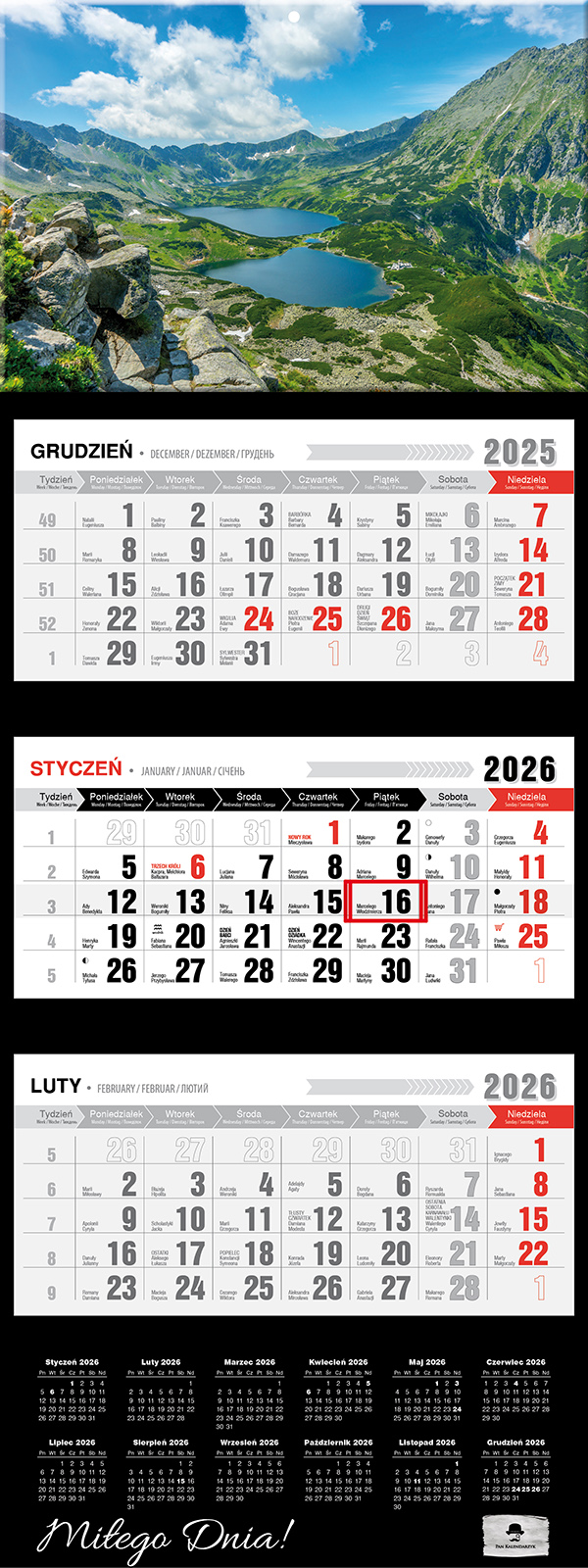 Kalendarz naścienny trójdzielny 32x81cm 2026 Tatry Pan Kalendarzyk