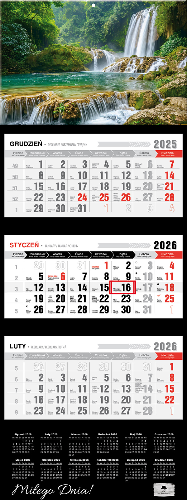 Kalendarz naścienny trójdzielny 32x81cm 2026 wodospad Pan Kalendarzyk