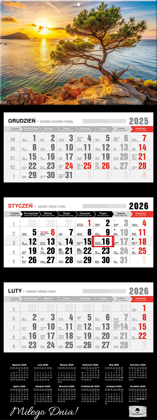 Kalendarz naścienny trójdzielny 32x81cm 2026 zachód słońca Pan Kalendarzyk
